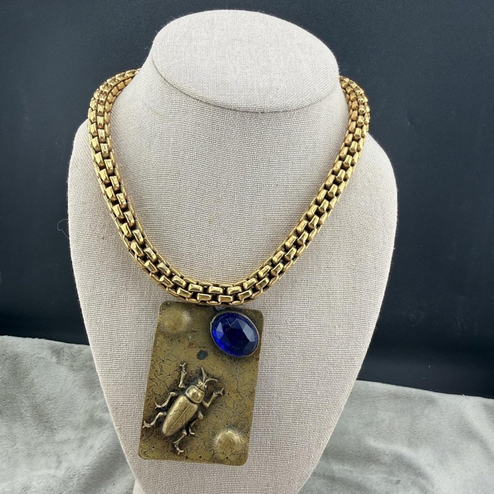 Vintage Goldette Chain Necklace Scarab Upcycled OOAK Insect Statement 16" - Picture 2 of 9